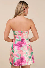 Farica Peach Pink Floral Organza Strapless Mini Dress