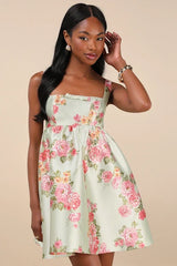 Unbelievably Lovely Sage Floral Babydoll Empire Waist Mini Dress