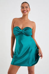 Narina Teal Green Satin Pleated Strapless Mini Dress