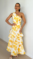 Odilie One Shoulder Maxi Dress - Yellow Floral