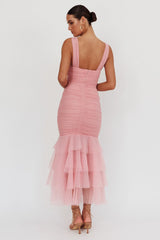 Nadia Tulle Hem Ruched Maxi Dress Pink