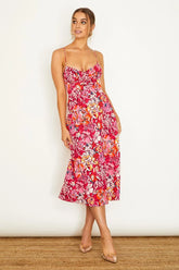 Malibu Gathered Bust Cami Strap Midi Dress Floral Red
