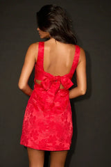 Perfectly Flirtatious Red Floral Jacquard Tie-Back Mini Dress