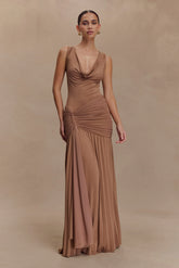 Dania Cowl Neck Slinky Maxi Dress - Mocha Mousse