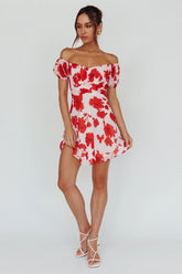 Linka Puff Sleeve Waist Tie Dress Floral Red