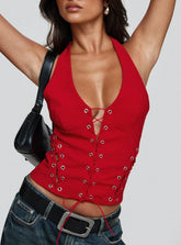 Come See Me Tie Up Halter Top Red