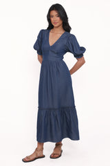 Steele Puff Sleeve Midi Dress - Dark Denim