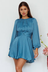 Leia Long Sleeve Waist Tie Mini Dress Teal