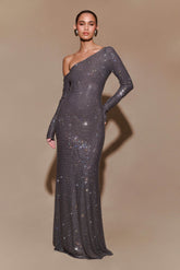 Marcia Diamante Long Sleeve Maxi Dress - Gunmetal