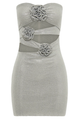 Korinna Strapless Rose Diamante Mini Dress - Silver