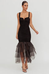 Nadia Tulle Hem Ruched Maxi Dress Black