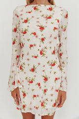 Thriller Long Sleeve Backless Mini Dress Floral White