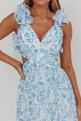Madara Lace-Up Back Maxi Dress Flowers Blue