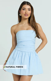 Donatella Mini Dress Strapless Drop Waist Dress in Blue
