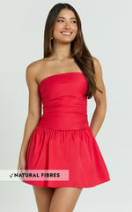 Donatella Mini Dress Strapless Drop Waist Dress in Red