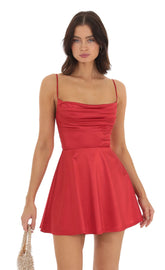 Satin Cowl Neck Dress in Red
