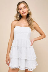 Sweet Perception White Lace Strapless Tiered Mini Dress