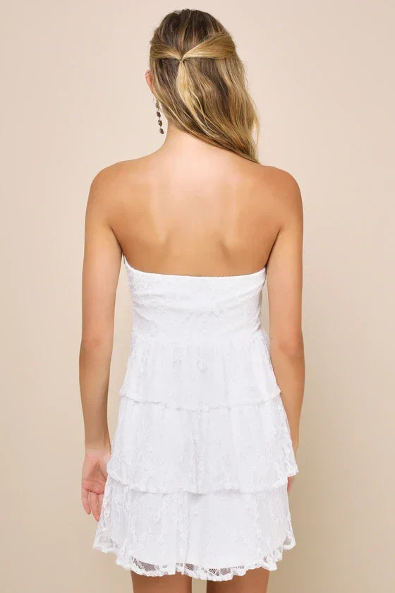 Sweet Perception White Lace Strapless Tiered Mini Dress