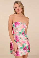 Farica Peach Pink Floral Organza Strapless Mini Dress