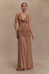 Dania Cowl Neck Slinky Maxi Dress - Mocha Mousse
