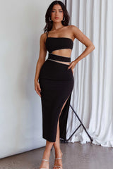 Raye Cut-Out Waist Rhinestone Midi Dress Black