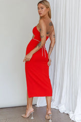 Nohemi Strapless Diamante Midi Dress Red
