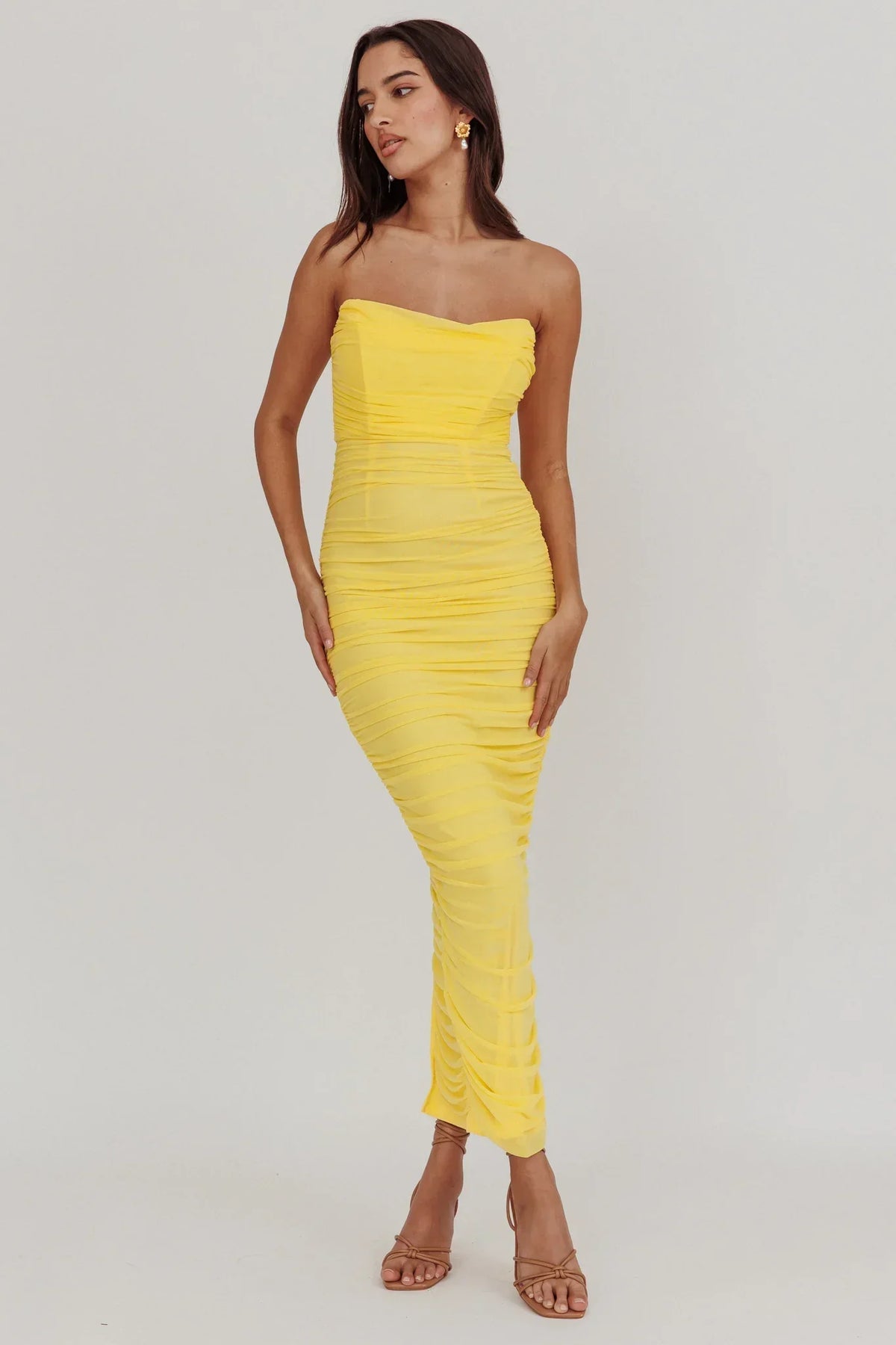 Midwest Strapless Gathered Mesh Maxi Dress Lemon