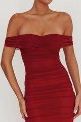 La Salle Off Shoulder Mesh Maxi Dress Wine