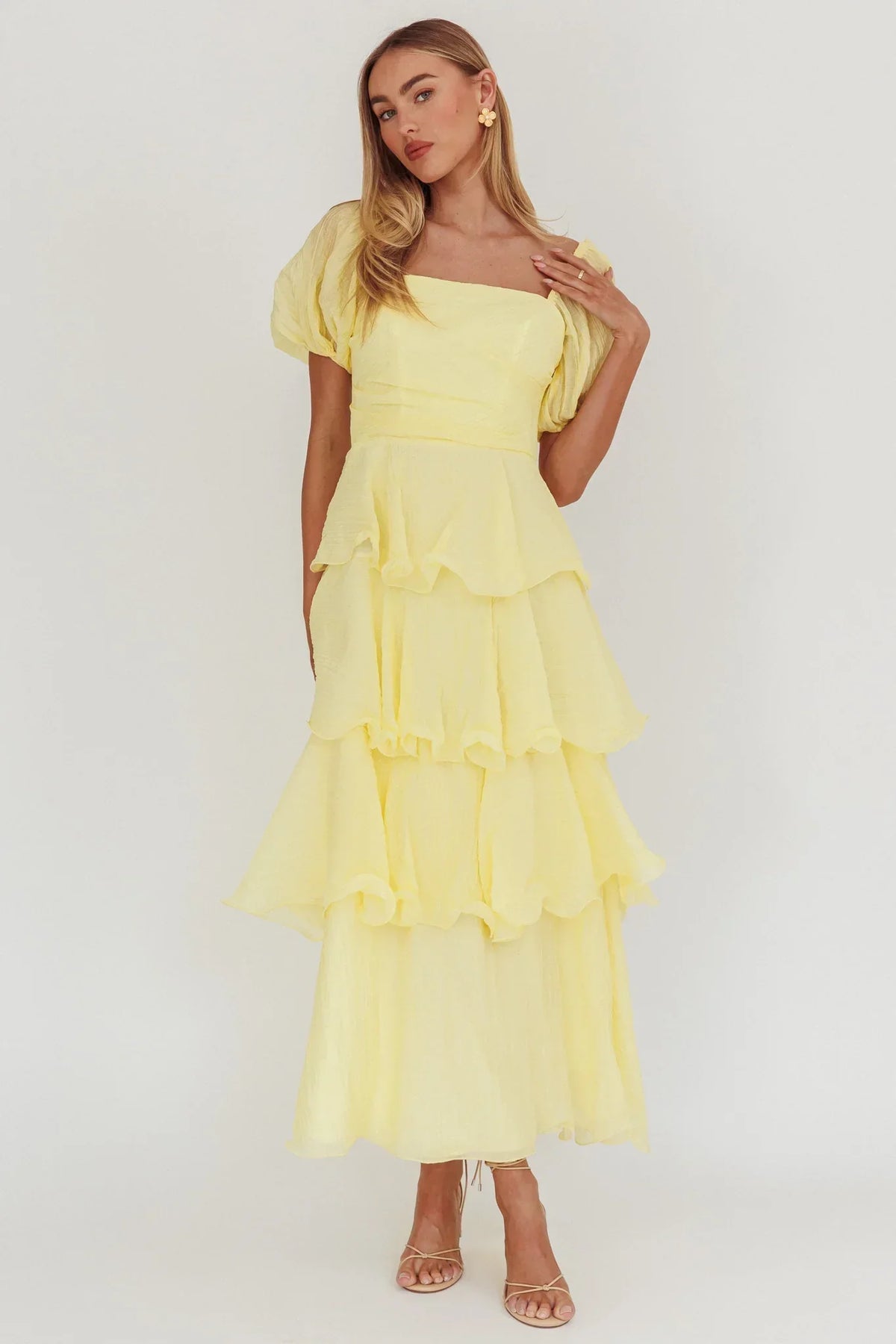 Giavana Puff Sleeve Layered Maxi Dress Lemon