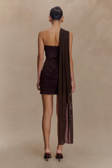 Mattea Slinky And Mesh Mini Dress With Scarf - Dark Chocolate