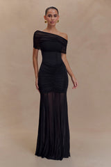 Caspian Slinky And Mesh Off Shoulder Maxi Dress - Black