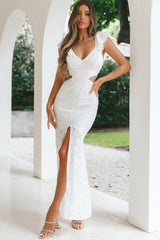 Pearl Ruffle Shoulder Lace Maxi Dress White